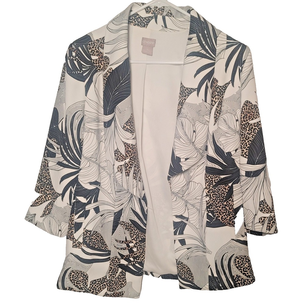 Chico's Tropical Print Draped Jacket Womens 0 Black White 3/4 Sleeve Blazer XS